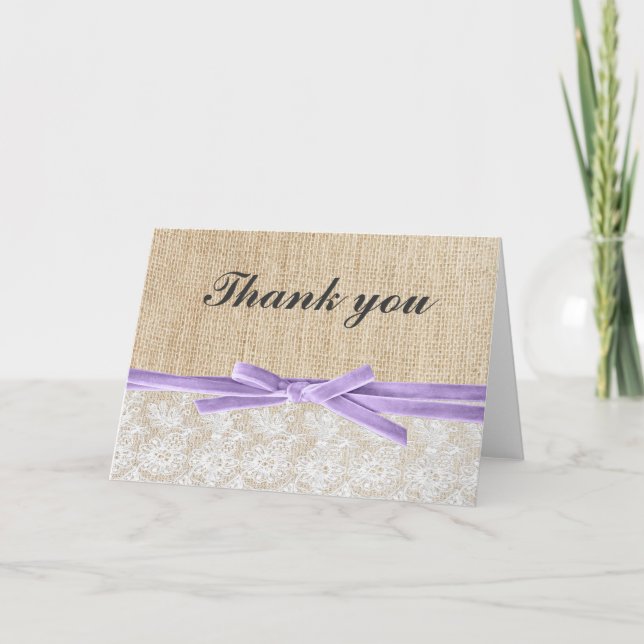 Rustic Burlap Lace Lavender Ribbon Thank You Card (Front)