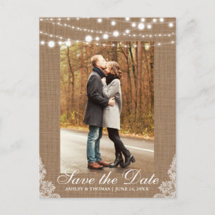 Rustic Burlap Lace Lights Save the Date Back Text Announcement Postcard