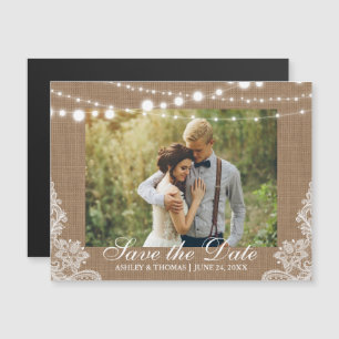 Rustic Burlap Lace Lights Save the Date Engagement Magnetic Invitation