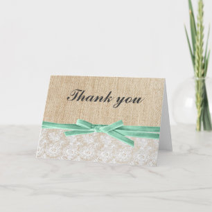 Rustic Burlap Lace Mint Ribbon Thank You Card
