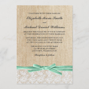 Rustic Burlap Lace Mint Ribbon Wedding Invitation