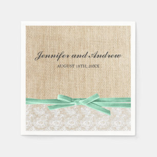Rustic Burlap Lace Mint Ribbon Wedding Napkin