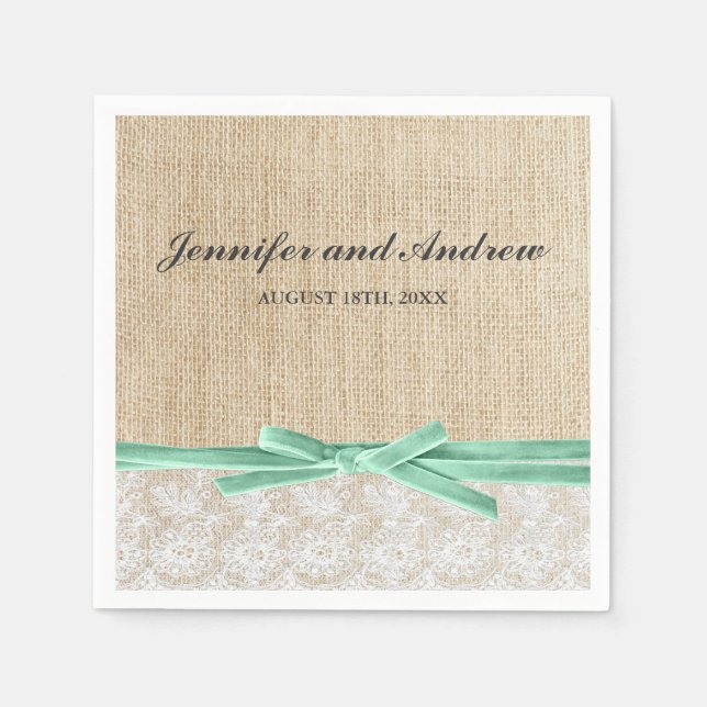 Rustic Burlap Lace Mint Ribbon Wedding Napkin (Front)