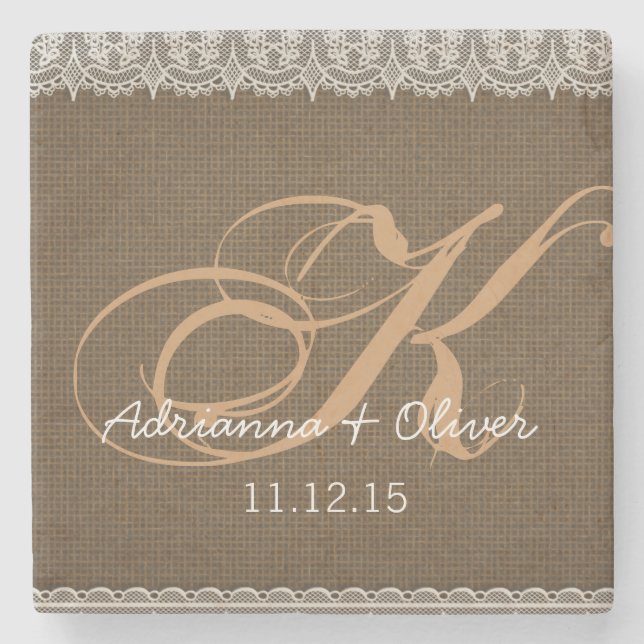 Rustic Burlap Lace Monogram Wedding Stone Coaster (Front)