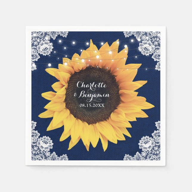 Rustic Burlap Lace Navy Blue and Sunflower Wedding Napkin (Front)