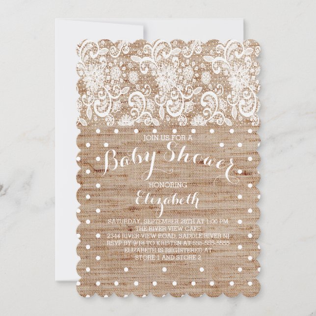Rustic Burlap Lace Neutral Baby Shower Invitation (Front)