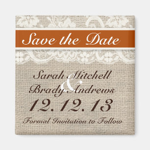 Rustic Burlap Lace Orange Save the Date Magnet