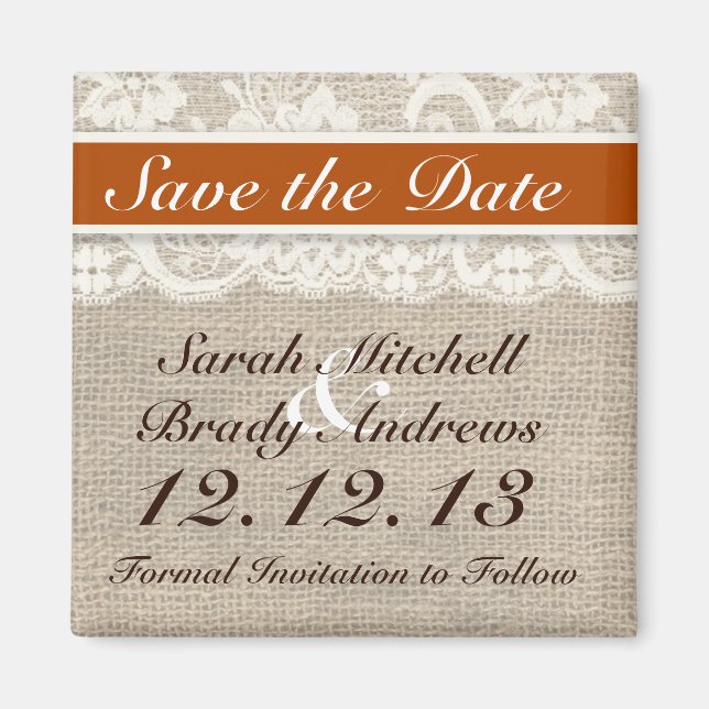 Rustic Burlap Lace Orange Save the Date Magnet (Front)