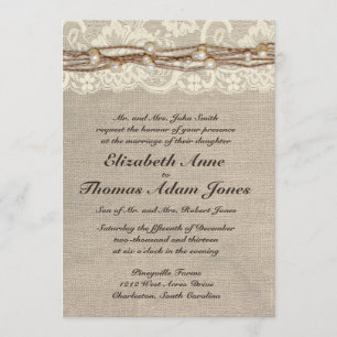 Rustic Burlap Lace Pearls Wedding Invitation