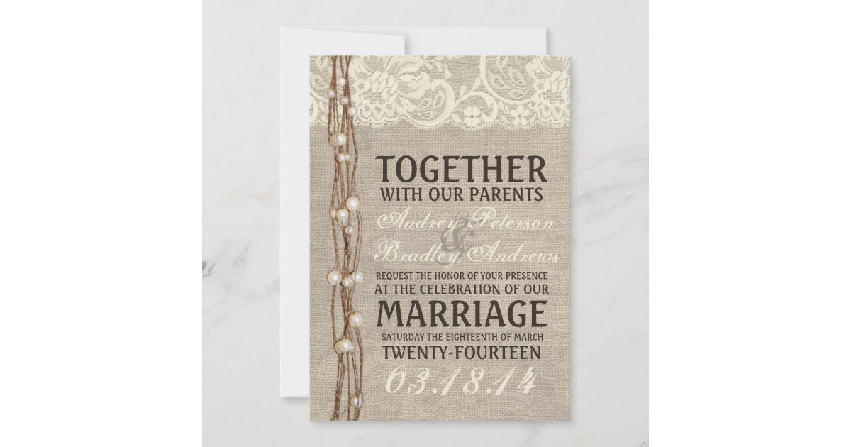 Rustic Burlap Lace Pearly Twine Wedding Invitation Zazzle