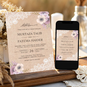 Rustic Burlap Lace Pink Floral Islamic Wedding Invitation