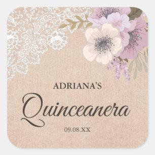 Rustic Burlap Lace Pink Floral Quinceanera Sticker