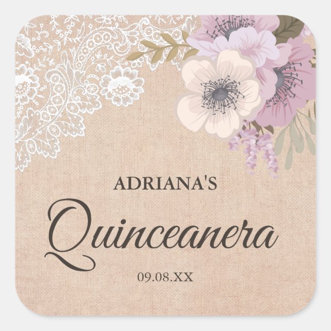 Rustic Burlap Lace Pink Floral Quinceanera Sticker (Front)
