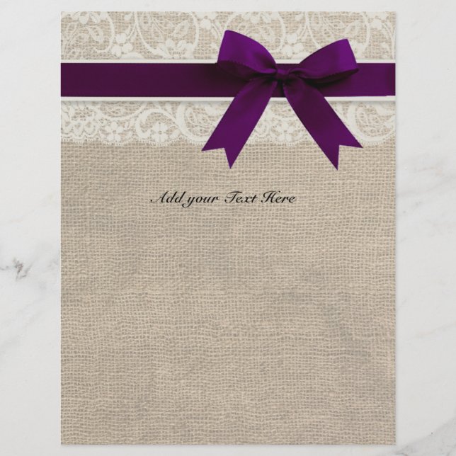 Rustic Burlap Lace Plum Ribbon Letterhead (Front)