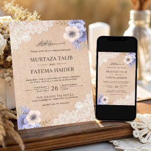 Rustic Burlap Lace Purple Floral Islamic Wedding Invitation