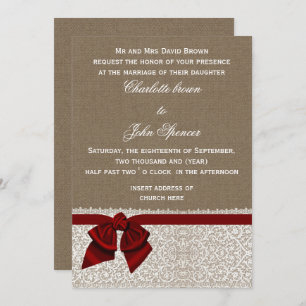 Rustic burlap lace Red Wedding Invitation