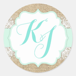 Rustic Burlap Lace Seafoam Baby Shower Monogram Classic Round Sticker