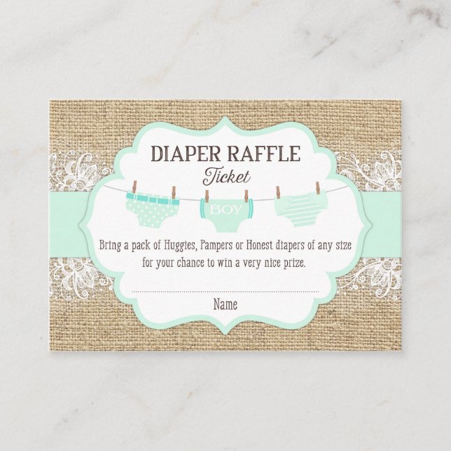 Rustic Burlap Lace Seafoam Diaper Raffle Ticket Enclosure Card (Front)