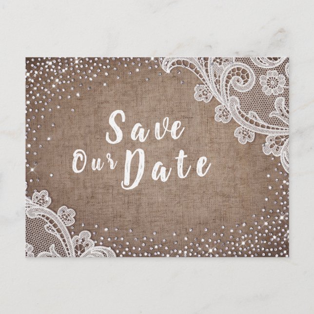 Rustic burlap lace silver glitter save the date announcement postcard (Front)