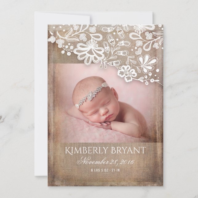 Rustic Burlap Lace String Lights Photo Baby Birth Announcement (Front)