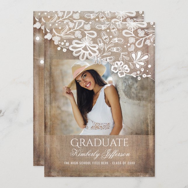 Rustic Burlap Lace String Lights Photo Graduation Invitation (Front/Back)