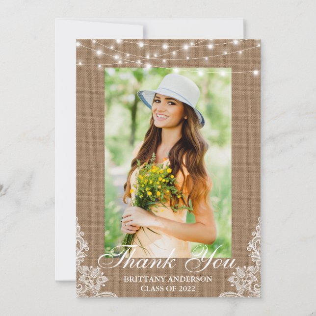 Rustic Burlap Lace String Lights Photo Graduation Thank You Card (Front)