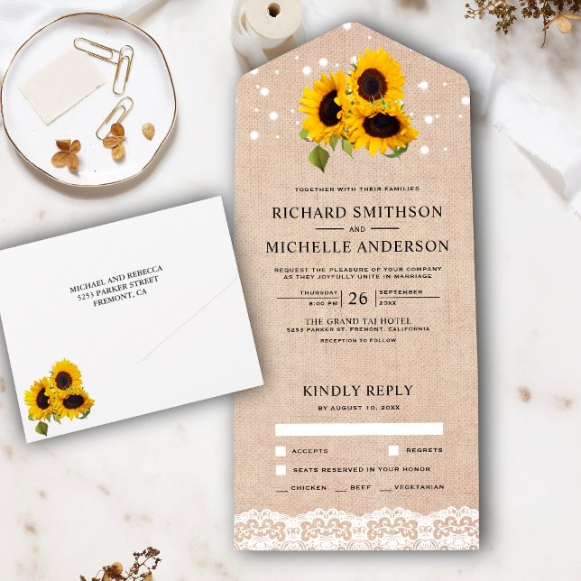 Rustic Burlap Lace String Lights Sunflower Wedding All In One Invitation (Creator Uploaded)