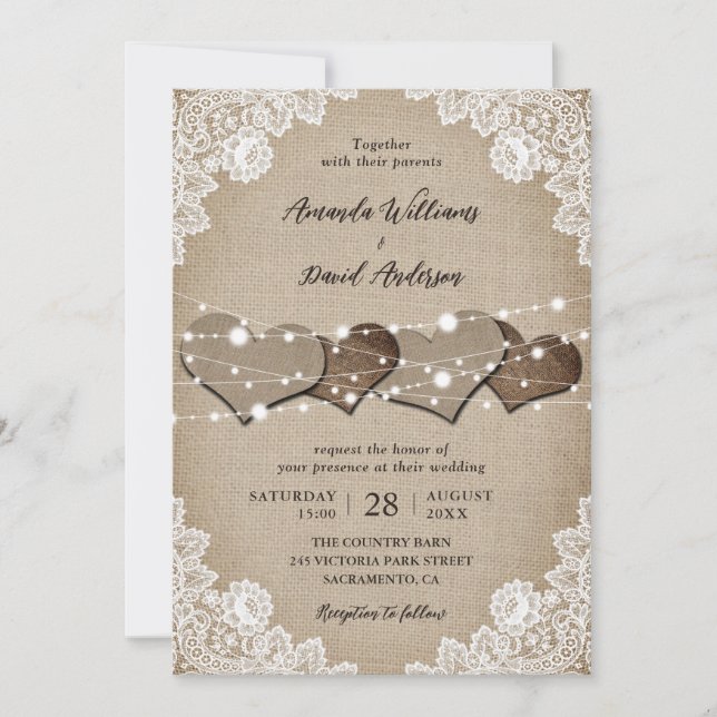 Rustic Burlap Lace String Lights Wedding Invitation (Front)
