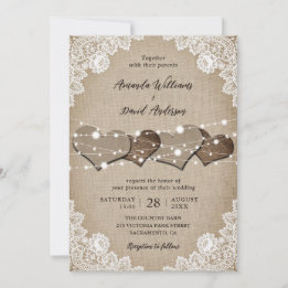 Rustic Burlap Lace String Lights Wedding Invitation