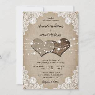 Rustic Burlap Lace String Lights Wedding Invitation