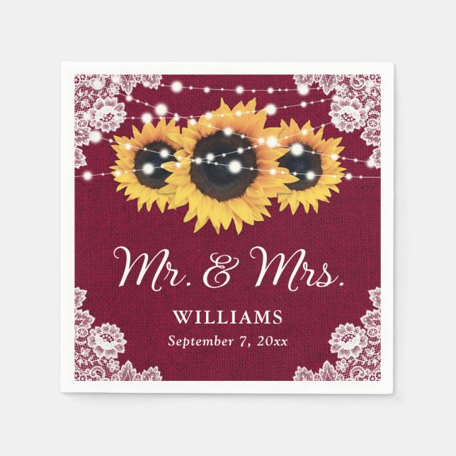 Rustic Burlap Lace Sunflower Burgundy Wedding Napkin (Front)