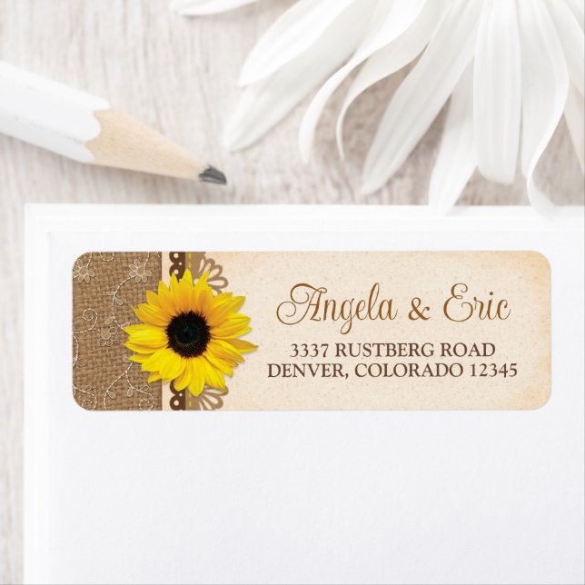 Rustic Burlap Lace Sunflower Wedding Address Return Address Label (Insitu)