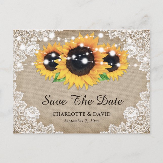 Rustic Burlap Lace Sunflower Wedding Save The Date Announcement Postcard (Front)