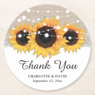 Rustic Burlap Lace Sunflower Wedding Thank You Round Paper Coaster