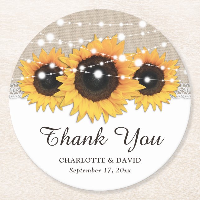Rustic Burlap Lace Sunflower Wedding Thank You Round Paper Coaster (Front)