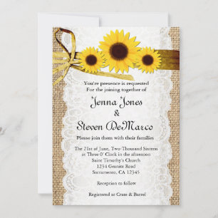 Rustic Burlap, Lace, Sunflowers Wedding Invitation