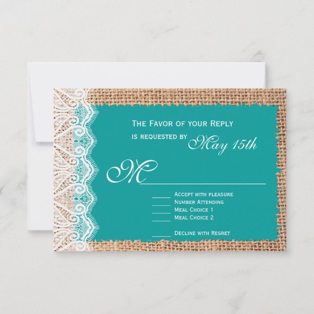 Rustic Burlap Lace Turquoise Wedding RSVP Cards (Front)
