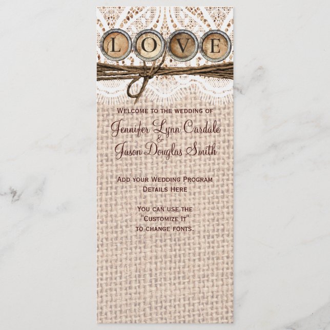 Rustic Burlap Lace Twine LOVE Wedding Program (Front)
