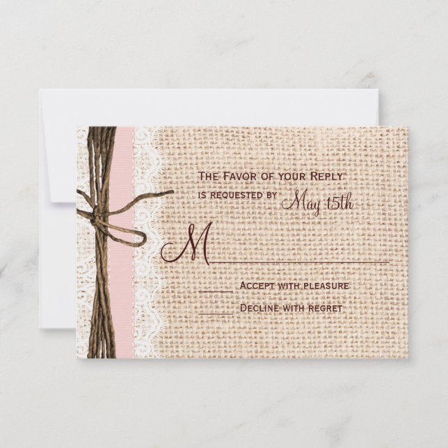 Rustic Burlap Lace Twine Pink Ribbon Wedding RSVP (Front)