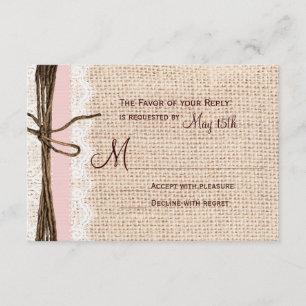 Rustic Burlap Lace Twine Pink Ribbon Wedding RSVP Card