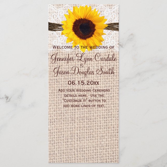 Rustic Burlap Lace Twine Sunflower Wedding Program (Front)