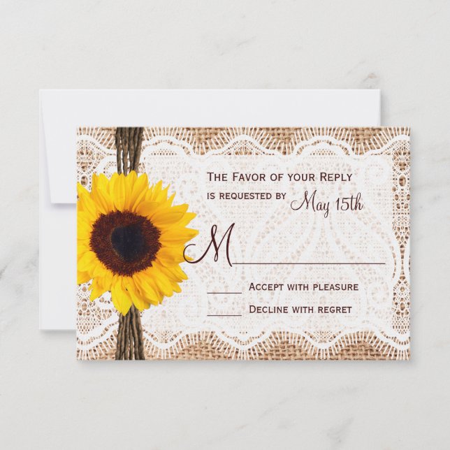 Rustic Burlap Lace Twine Sunflower Wedding RSVP Card (Front)