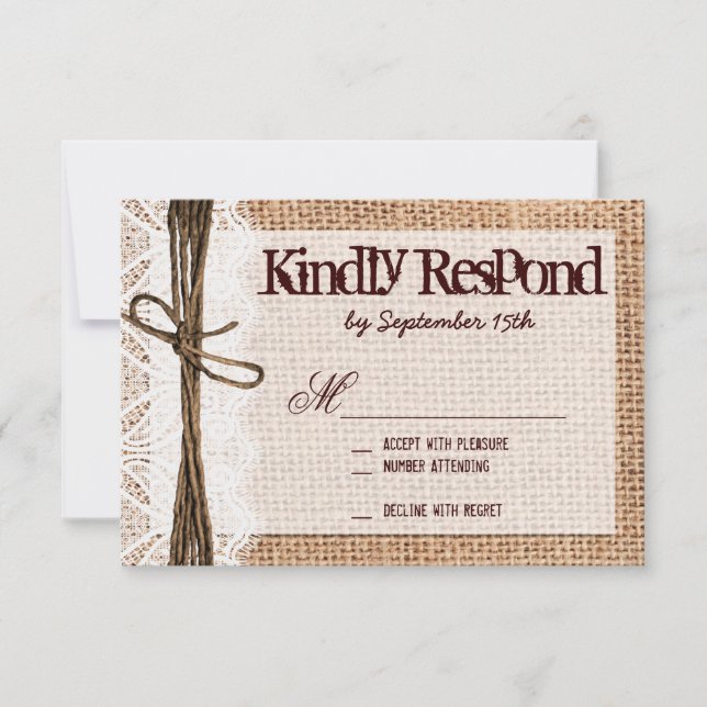 Rustic Burlap Lace Typography Wedding RSVP Cards (Front)