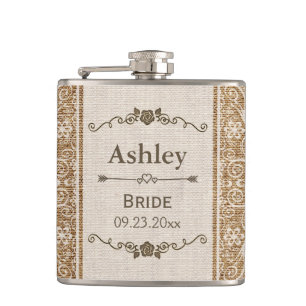 Rustic Burlap Lace Wedding Bride Hip Flask