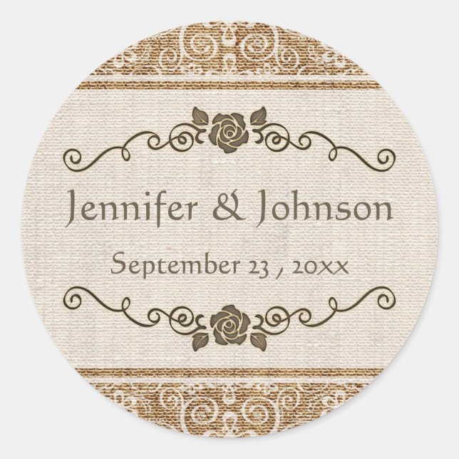 Rustic Burlap Lace Wedding Classic Round Sticker (Front)