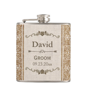 Rustic Burlap Lace Wedding Groom Hip Flask