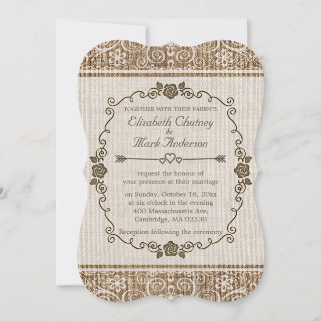 Rustic Burlap Lace Wedding Invitation (Front)