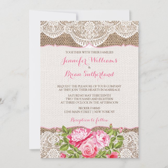 Rustic Burlap Lace Wedding Invitation Roses Peony (Front)