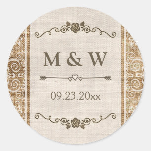 Rustic Burlap Lace Wedding Monogram Classic Round Sticker