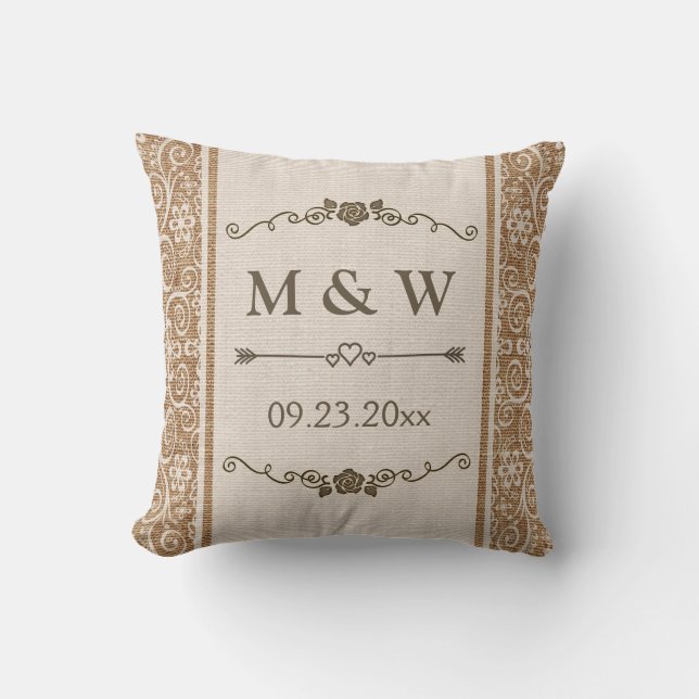 Rustic Burlap Lace Wedding Monogram Cushion (Front)